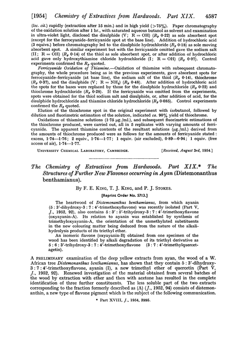 The chemistry of extractives from hardwoods. Part XIX. The structures of further new flavones occurring in ayan (Distemonanthus benthamianus)