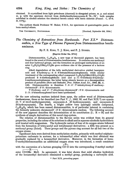 The chemistry of extractives from hardwoods. Part XX. Distemonanthin, a new type of flavone pigment from Distemonanthus benthamianus
