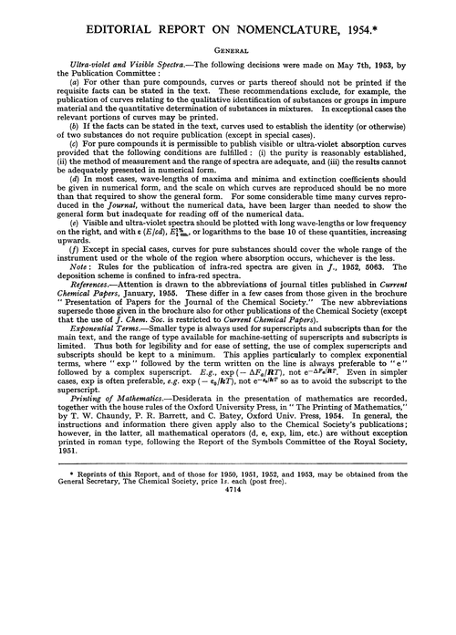 Editorial report on nomenclature, 1954