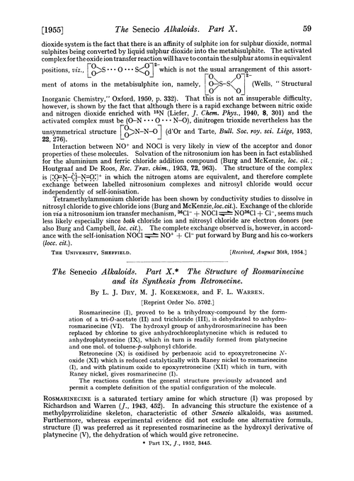 The senecio alkaloids. Part X. The structure of rosmarinecine and its synthesis from retronecine