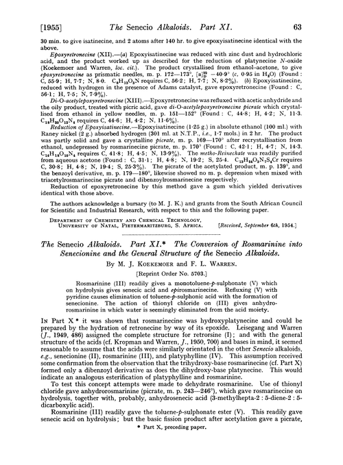 The senecio alkaloids. Part XI. The conversion of rosmarinine into senecionine and the general structure of the senecio alkaloids