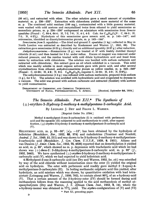 The senecio alkaloids. Part XII. The synthesis of (±)-erythro-3-hydroxy-2-methoxy-4-methylpentane-3-carboxylic acid