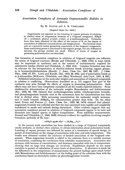 Association complexes of aromatic organometallic halides in solution