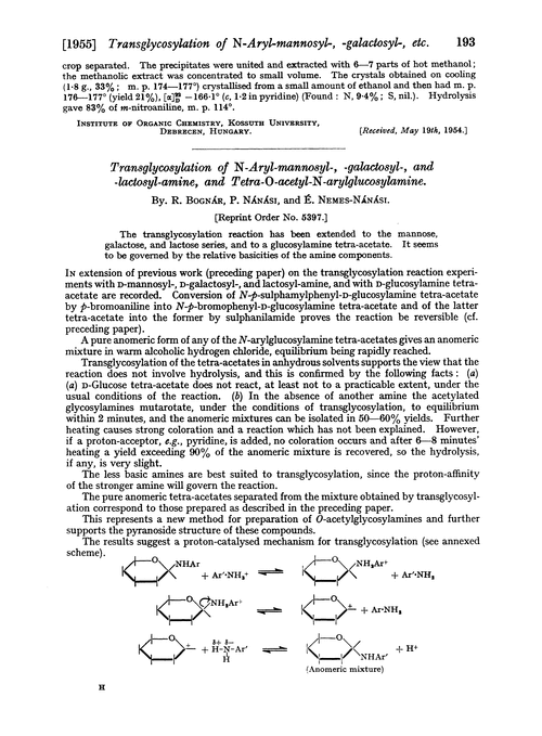Transglycosylation of N-aryl-mannosyl-, -galactosyl-, and -lactosyl-amine, and tetra-O-acetyl-N-arylglucosylamine