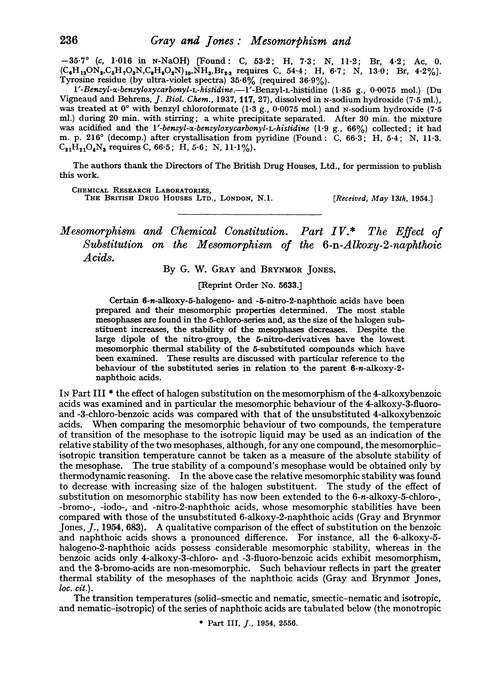 Mesomorphism and chemical constitution. Part IV. The effect of substitution on the mesomorphism of the 6-n-alkoxy-2-naphthoic acids