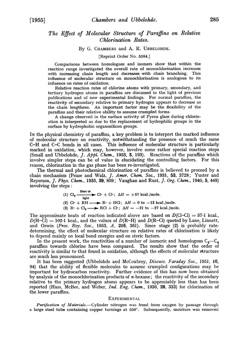 The effect of molecular structure of paraffins on relative chlorination rates