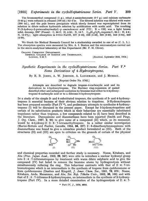 Synthetic experiments in the cycloheptatrienone series. Part V. Some derivatives of 4-hydroxytropone