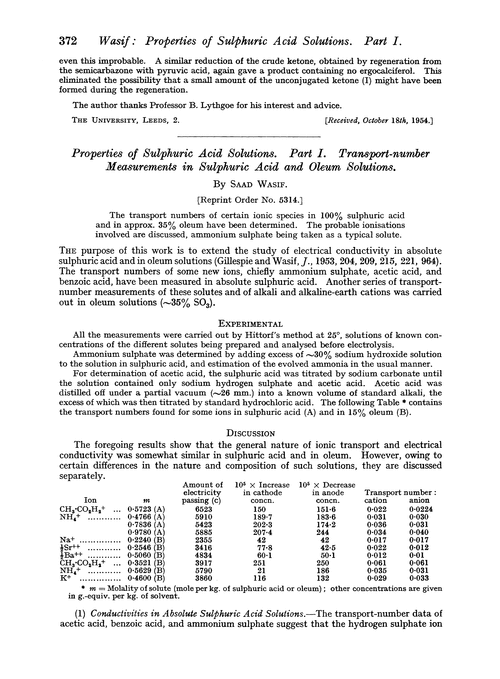 Properties of sulphuric acid solutions. Part I. Transport-number measurements in sulphuric acid and oleum solutions