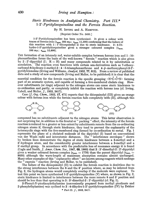 Steric hindrance in Analytical Chemistry. Part III. 1-2′-Pyridylisoquinoline and the ferroin reaction