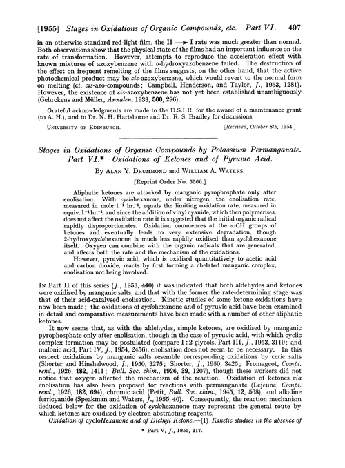 Stages in oxidations of organic compounds by potassium permanganate. Part VI. Oxidations of ketones and of pyruvic acid