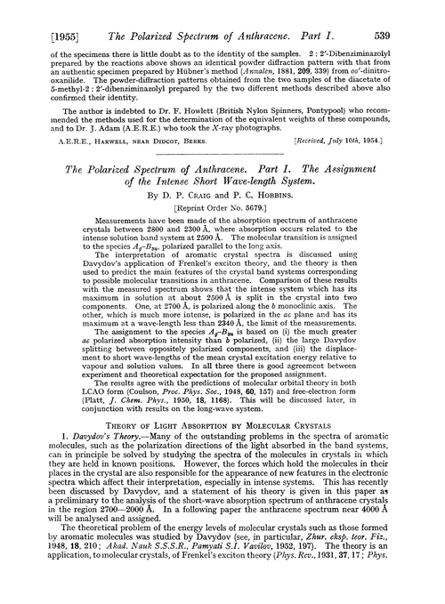 The polarized spectrum of anthracene. Part I. The assignment of the intense short wave-length system