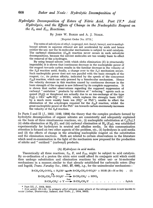 Hydrolytic decomposition of esters of nitric acid. Part IV. Acid hydrolysis, and the effects of change in the nucleophilic reagent on the SN and Eco reactions