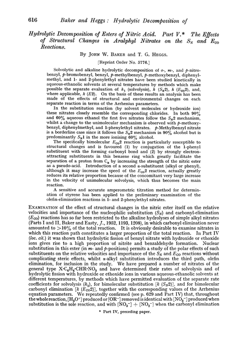 Hydrolytic decomposition of esters of nitric acid. Part V. The effects of structural changes in aralphyl nitrates on the SN and Eco reactions