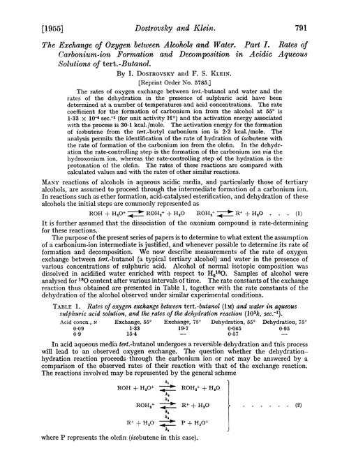 The exchange of oxygen between alcohols and water. Part I. Rates of carbonium-ion formation and decomposition in acidic aqueous solutions of tert.-butanol