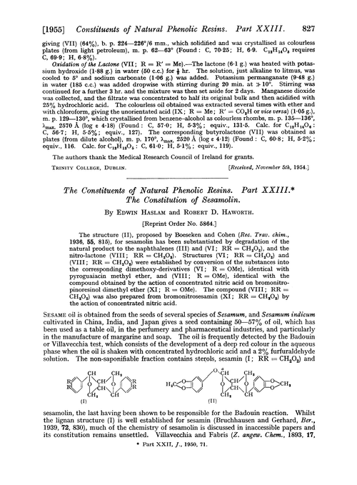 The constituents of natural phenolic resins. Part XXIII. The constitution of sesamolin