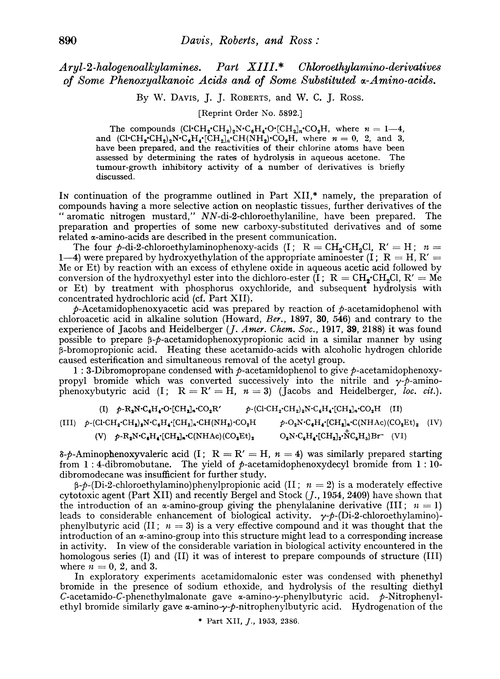 Aryl-2-halogenoalkylamines. Part XIII. Chloroethylamino-derivatives of some phenoxyalkanoic acids and of some substituted α-amino-acids