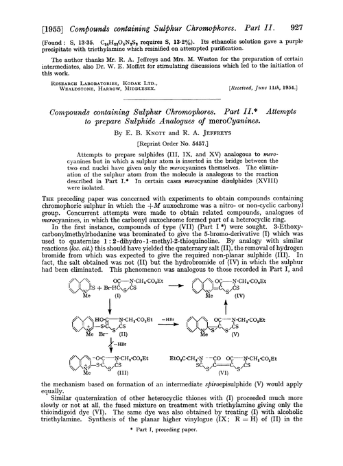 Compounds containing sulphur chromophores. Part II. Attempts to prepare sulphide analogues of merocyanines