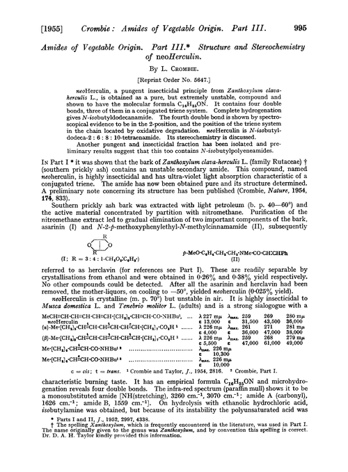Amides of vegetable origin. Part III. Structure and stereochemistry of neoHerculin