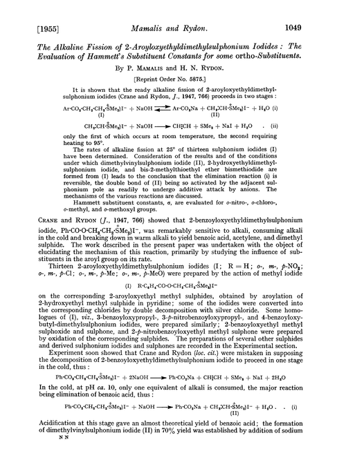 The alkaline fission of 2-aroyloxyethyldimethylsulphonium iodides: the evaluation of Hammett's substituent constants for some ortho-substituents