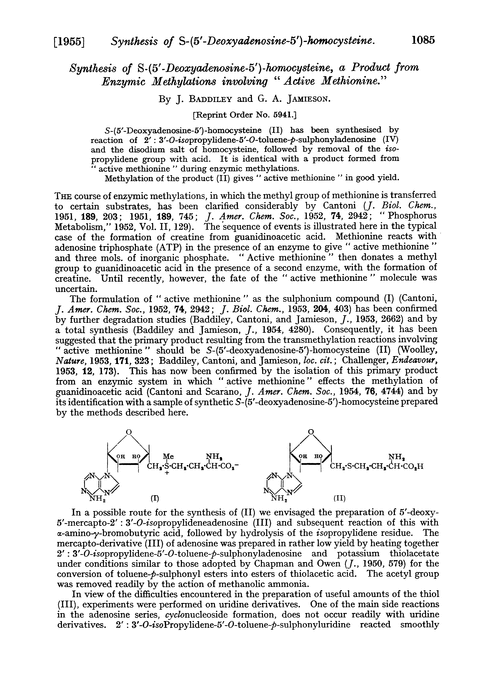 Synthesis of S-(5′-deoxyadenosine-5′)-homocysteine, a product from enzymic methylations involving “active methionine”