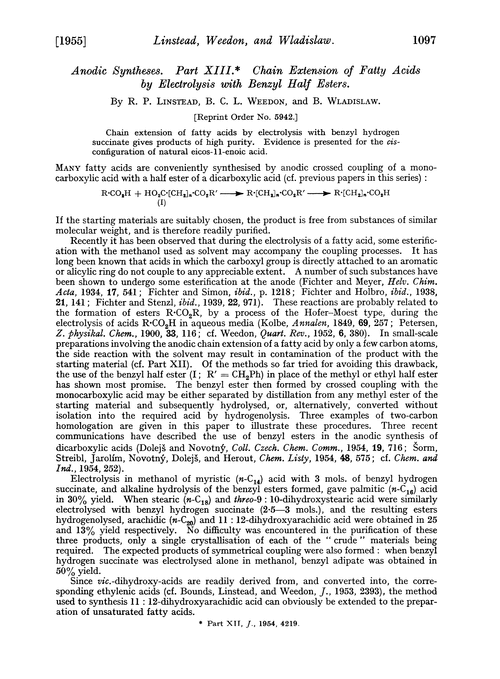Anodic syntheses. Part XIII. Chain extension of fatty acids by electrolysis with benzyl half esters