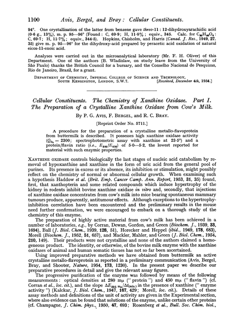 Cellular constituents. The chemistry of xanthine oxidase. Part I. The preparation of a crystalline xanthine oxidase from cow's milk