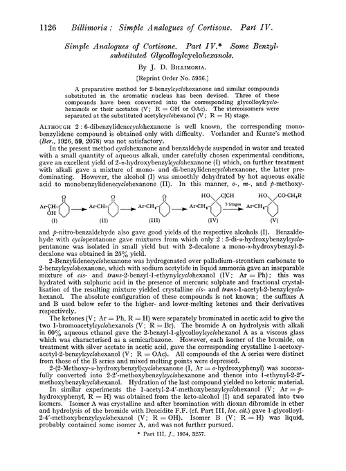 Simple analogues of cortisone. Part IV. Some benzyl-substituted glycolloylcyclohexanols