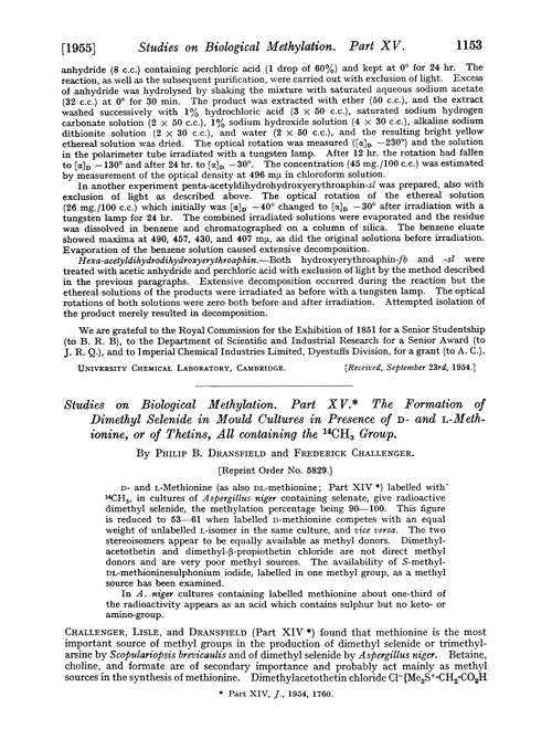 Studies on biological methylation. Part XV. The formation of dimethyl selenide in mould cultures in presence of D- and L-methionine, or of thetins, all containing the 14CH3 group