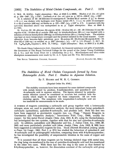 The stabilities of metal chelate compounds formed by some heterocyclic acids. Part I. Studies in aqueous solution