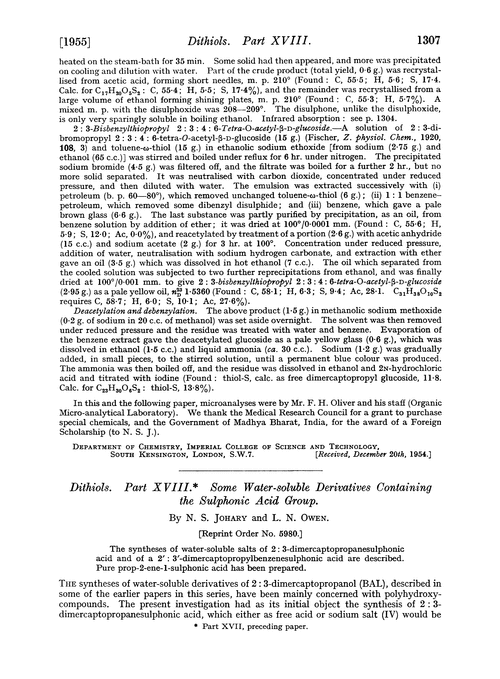 Dithiols. Part XVIII. Some water-soluble derivatives containing the sulphonic acid group