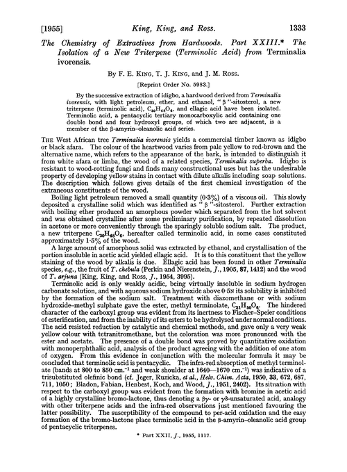 The chemistry of extractives from hardwoods. Part XXIII. The isolation of a new triterpene (terminolic acid) from Terminalia ivorensis