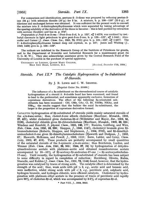 Steroids. Part IX. The catalytic hydrogenation of 3α-substituted Δ5-steroids