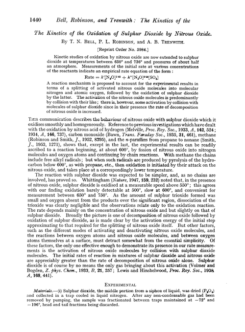 The kinetics of the oxidation of sulphur dioxide by nitrous oxide
