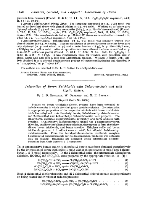 Interaction of boron trichloride with chloro-alcohols and with cyclic ethers