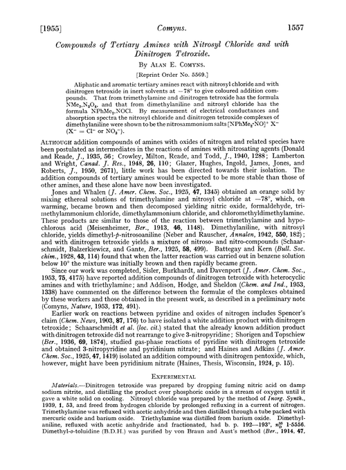 Compounds of tertiary amines with nitrosyl chloride and with dinitrogen tetroxide