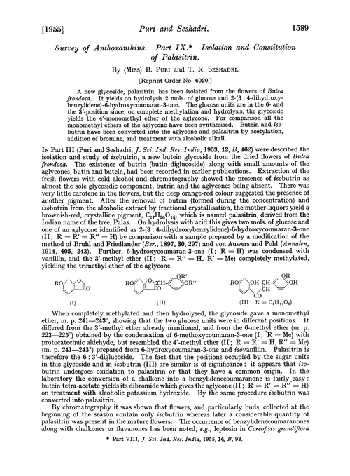 Survey of anthoxanthins. Part IX. Isolation and constitution of palasitrin