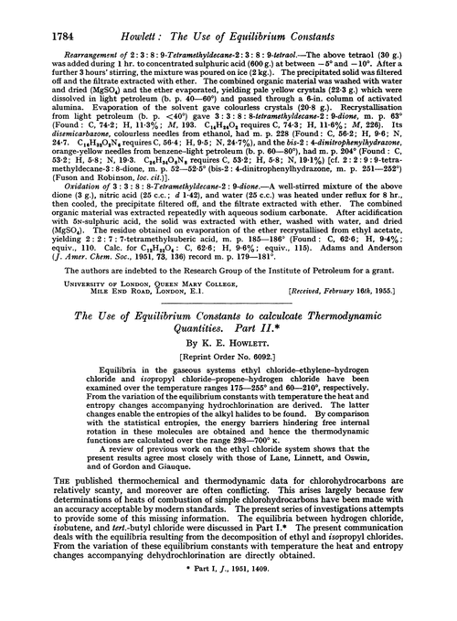The use of equilibrium constants to calculcate thermodynamic quantities. Part II