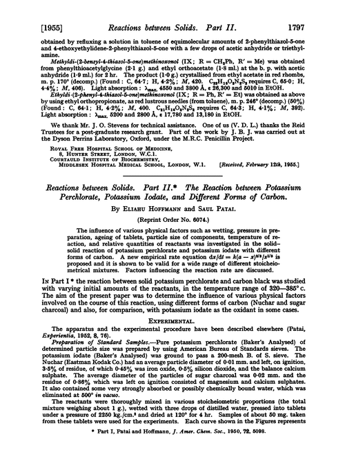 Reactions between solids. Part II. The reaction between potassium perchlorate, potassium iodate, and different forms of carbon