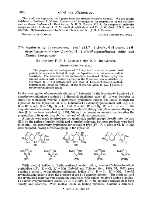 The synthesis of trypanocides. Part III. 4-Amino-6-(4-amino-1 : 6-dimethylpyrimidinium-2-amino)-1 : 2-dimethylquinolinium salts and related compounds