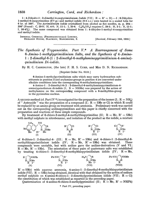 The synthesis of trypanocides. Part V. A rearrangement of some 6-amino-1-methylpyrimidinium salts, and the synthesis of 4-amino-1 : 2-dimethyl-6-(1 : 2-dimethyl-6-methylaminopyrimidinium-4-amino)-quinolinium di-iodide