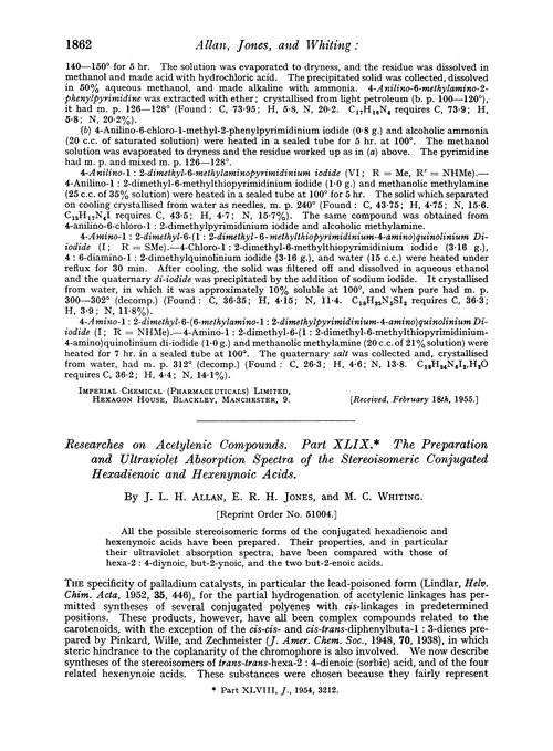 Researches on acetylenic compounds. Part XLIX. The preparation and ultraviolet absorption spectra of the stereoisomeric conjugated hexadienoic and hexenynoic acids