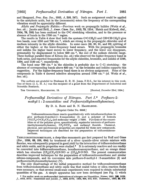 Perfluoroalkyl derivatives of nitrogen. Part I. Perfluoro-2-methyl-1 : 2-oxazetidine and perfluoro(alkylenealkylamines)