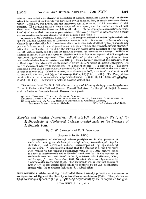 Steroids and walden inversion. Part XXV. A kinetic study of the methanolysis of cholesteryl toluene-p-sulphonate in the presence of methoxide ions