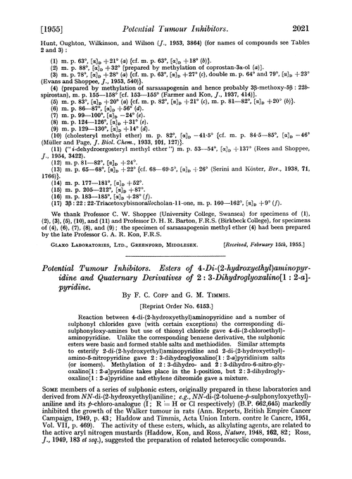 Potential tumour inhibitors. Esters of 4-di-(2-hydroxyethyl)aminopyridine and quaternary derivatives of 2 : 3-dihydroglyoxalino[1 : 2-a]pyridine