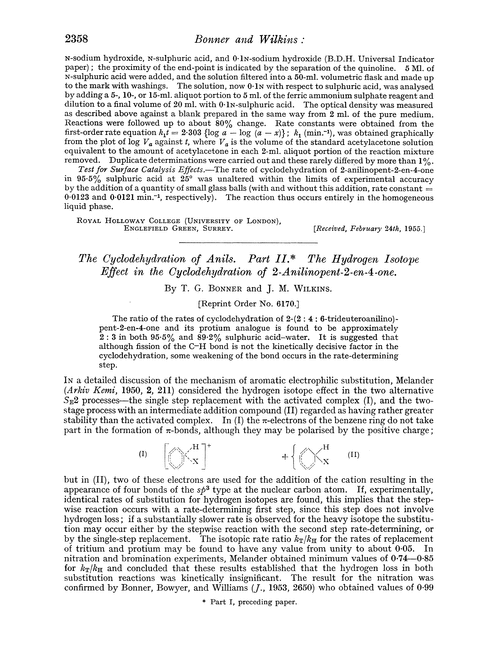 The cyclodehydration of anils. Part II. The hydrogen isotope effect in the cyclodehydration of 2-anilinopent-2-en-4-one