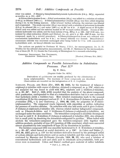 Additive compounds as possible intermediates in substitution processes. Part II