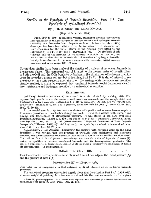 Studies in the pyrolysis of organic bromides. Part V. The pyrolysis of cyclohexyl bromide
