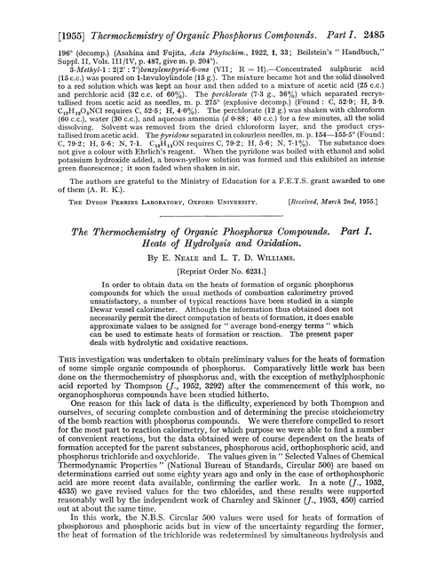 The thermochemistry of organic phosphorus compounds. Part I. Heats of hydrolysis and oxidation