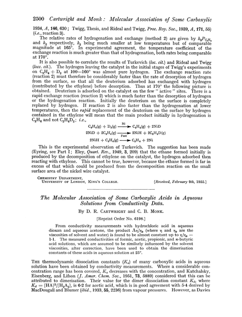 The molecular association of some carboxylic acids in aqueous solutions from conductivity data