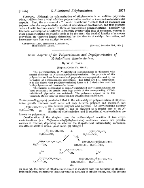 Some aspects of the polymerization and depolymerization of N-substituted ethyleneimines